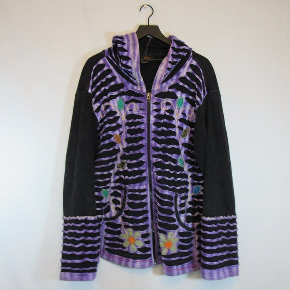 Rising International Jackets & Blazers - Rising International Black Purple Distressed Boho Hippie Zip Up Hoodie Jacket